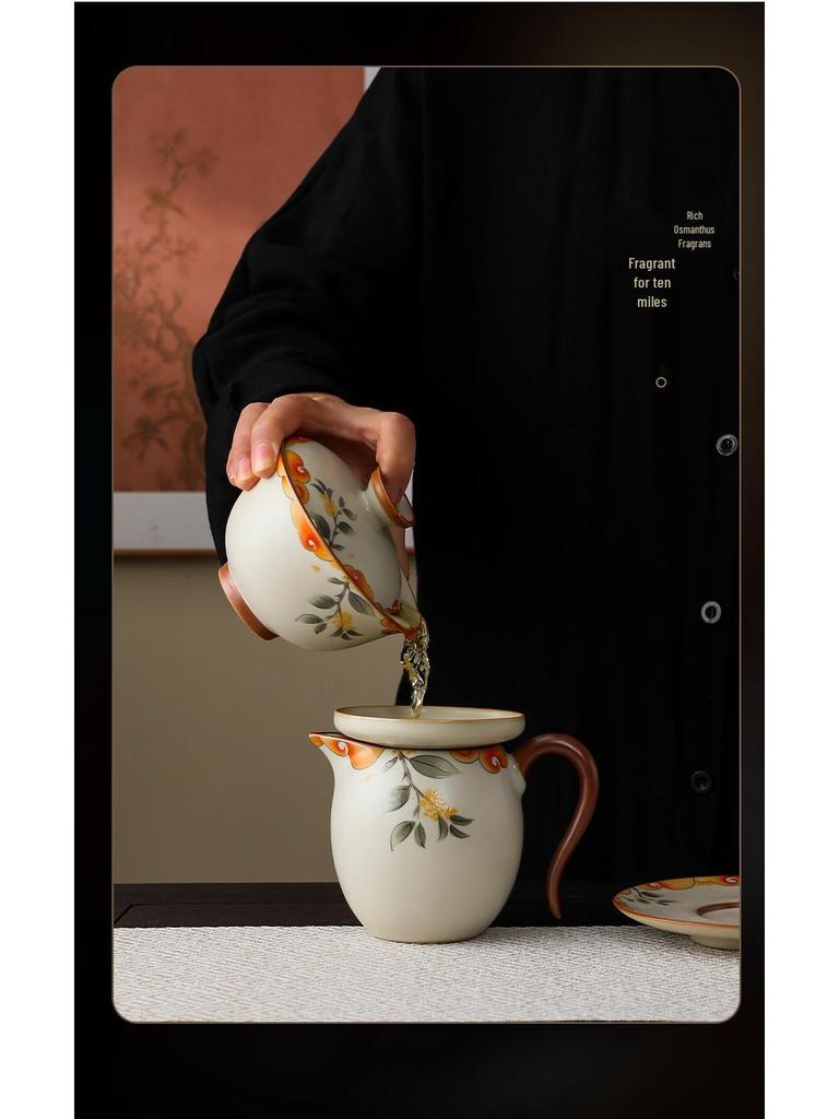 Beige Ru Ware Ceramic Kung Fu Tea Set: Teapot & Teacups in Gift Box for Holiday or Business Souvenir