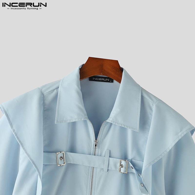 INCERUN Мужские топы с короткими рукавами и оборками, летние рубашки-карго на молнии