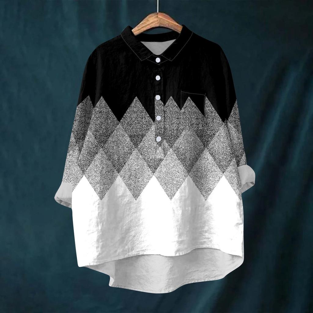 Женская рубашка-блузка с длинными рукавами и принтом на пуговицах, повседневный подол, нестандартный воротник рубашки