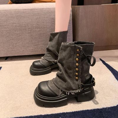 Женские ботинки Британская мода Ботинки до щиколотки Новые Толстая подошва Заклепки Молния Пряжка ремня Платформа Противоскользящие Ковбойские Короткие ботинки