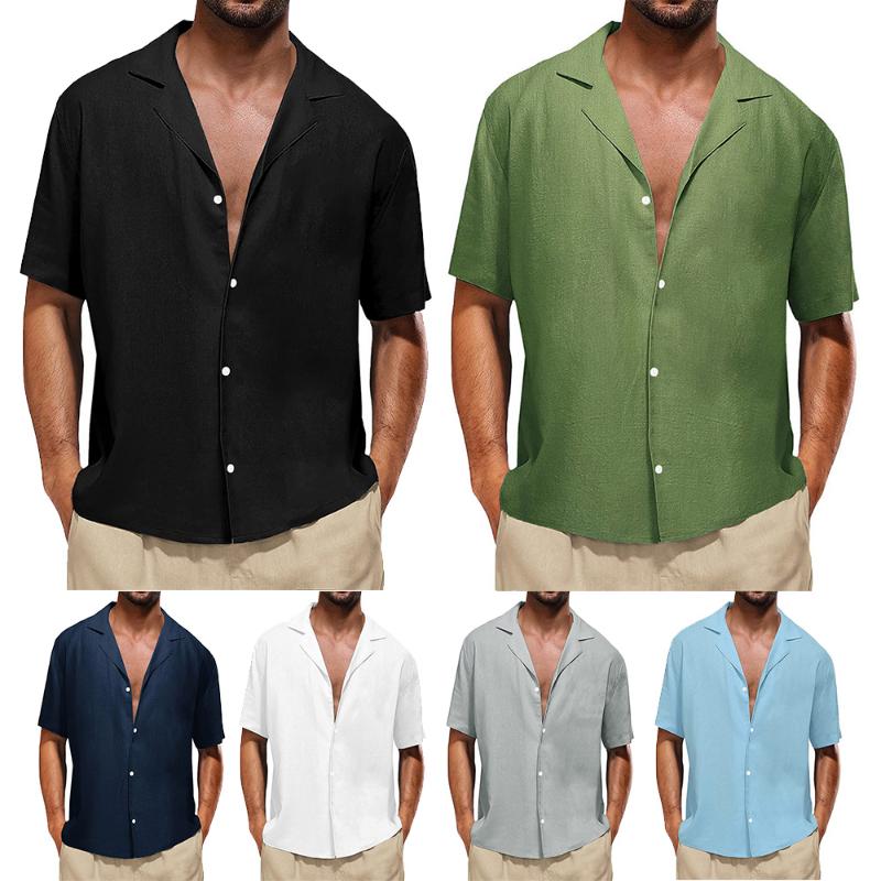 Мужские хлопковые льняные топы на пуговицах с короткими рукавами, летняя повседневная рубашка, блузка, футболка
