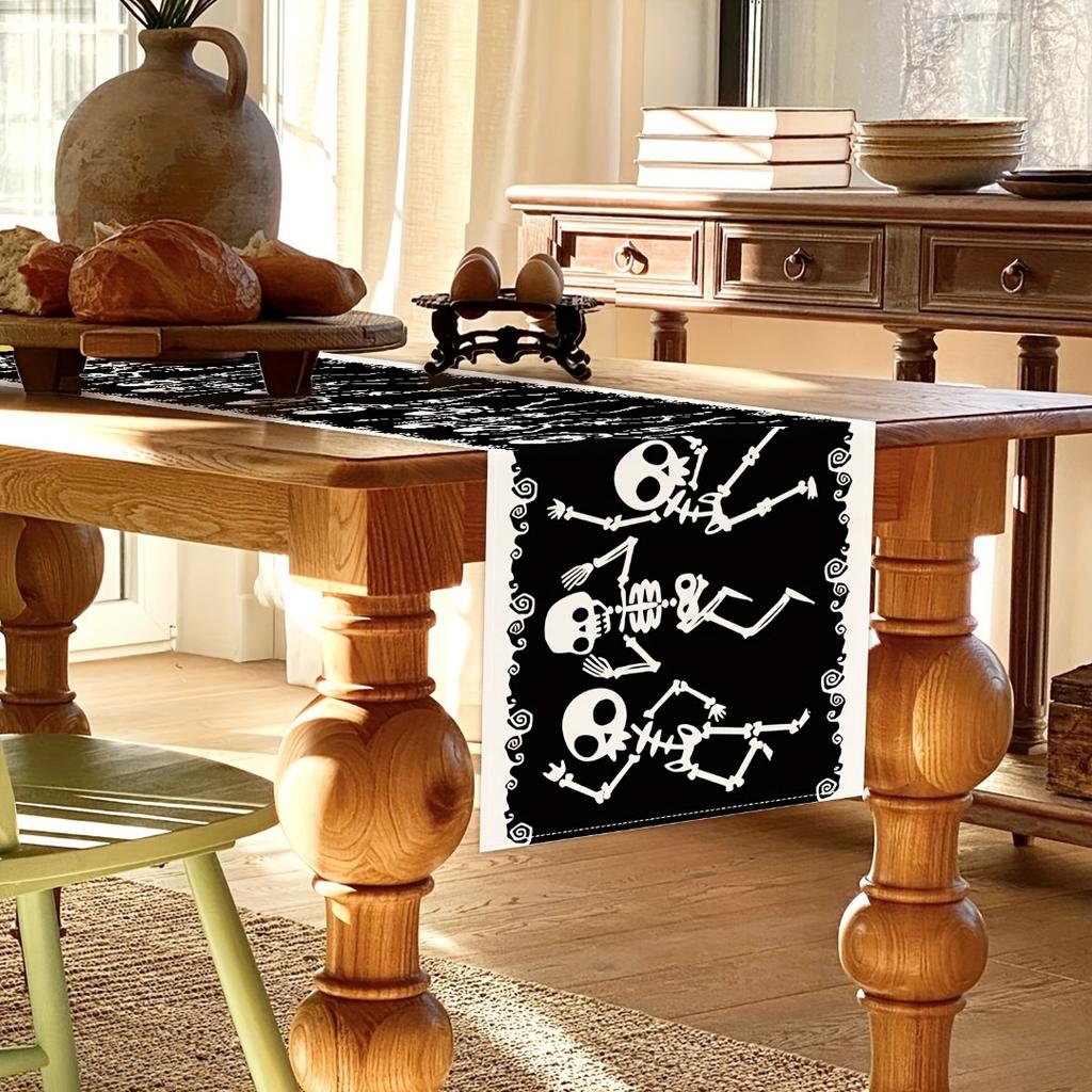 1pc Black Halloween Table Runner Skeleton Printed Table Runner Waterproof Durable Tablecloth for Halloween Home Party Decoration