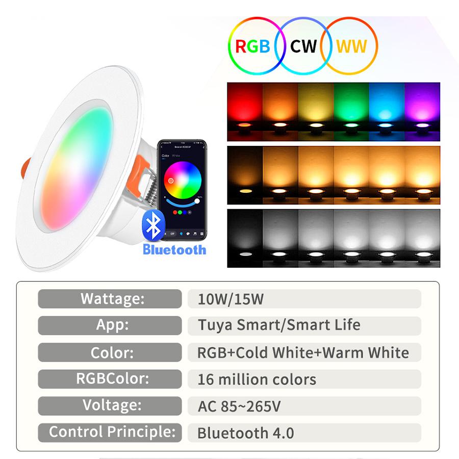 15 Вт Tuya LED Downlight Bluetooth LED Smart Ceiling Light Датчик движения 220 В 110 В Диммируемая RGB-лампа с приложением Дистанционное управление Smart Life