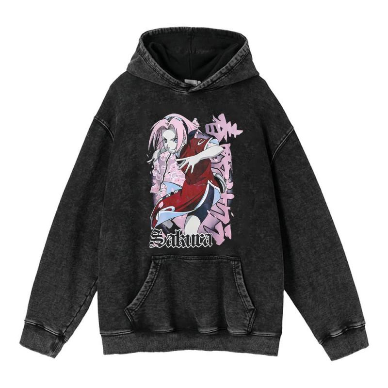 Heavyweight 440g Washed Vintage Naruto Anime Hoodie Men Streetwear Cotton Sweatshirt