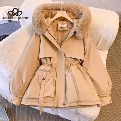 Женская куртка средней длины с капюшоном и большим меховым воротником, с хлопковой подкладкой из кашемира, корейское зимнее пальто с хлопковой подкладкой