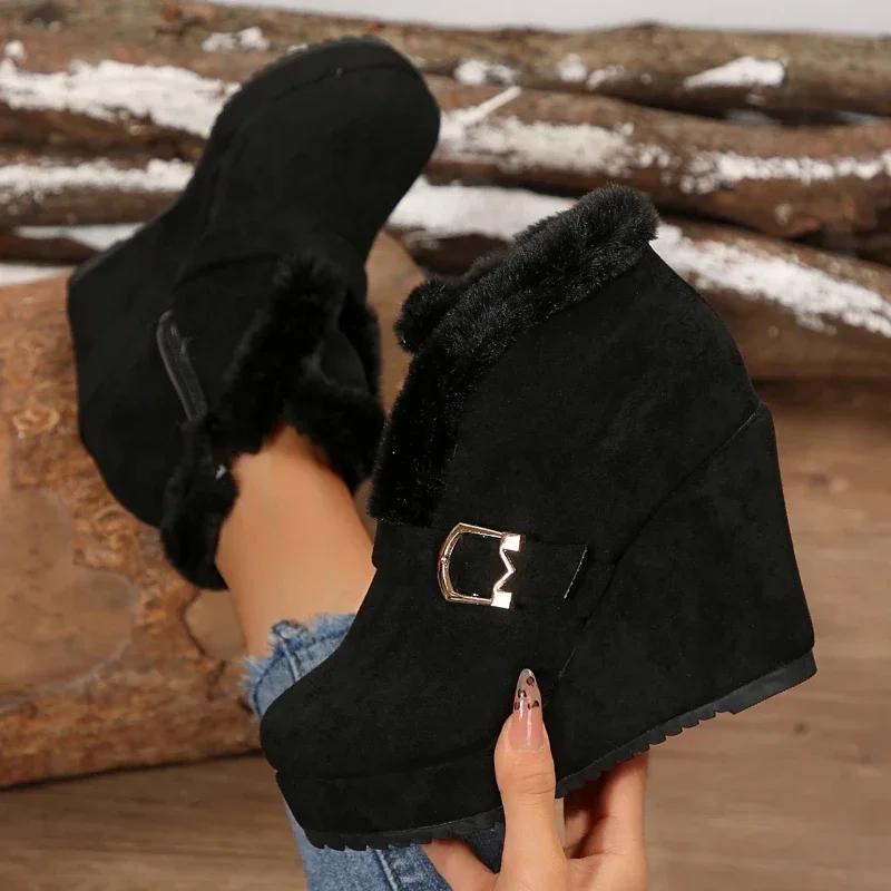 Модные новые ботильоны с круглым носком и пряжкой для женщин, сексуальные ботильоны на платформе, каблуке-рюмочке, с голенищем средней длины, банкетные, из замши, больших размеров 36-43