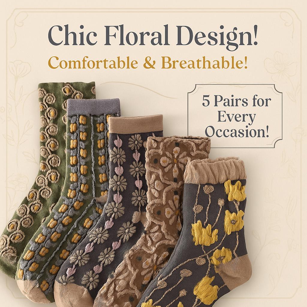 5 Pairs Floral Pattern Socks, Comfy & Breathable Mid Tube Socks, Women's Stockings & Hosiery