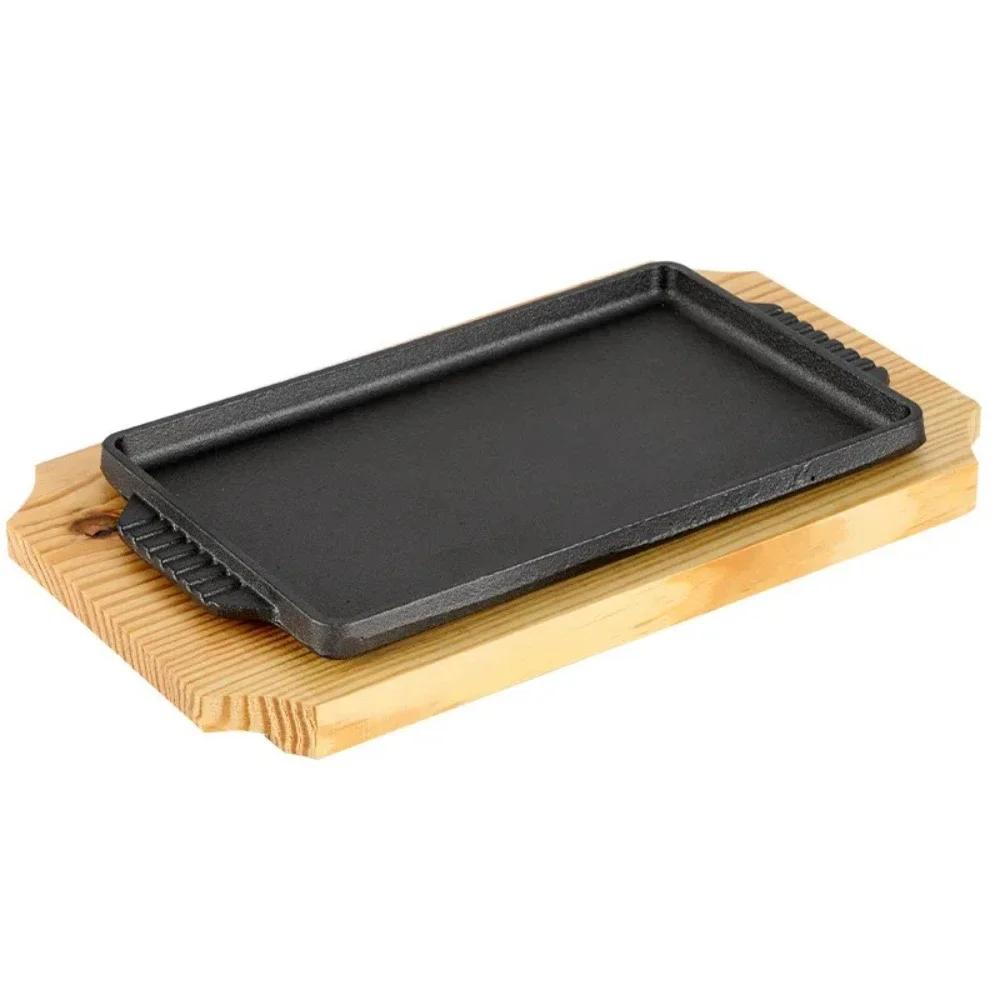 Quality Cast Iron Rectangle Shape Barbecue Plate Steak Sizzling Hot Pan Plate Restaurant Non-stick Grill Plate with Wooden Base