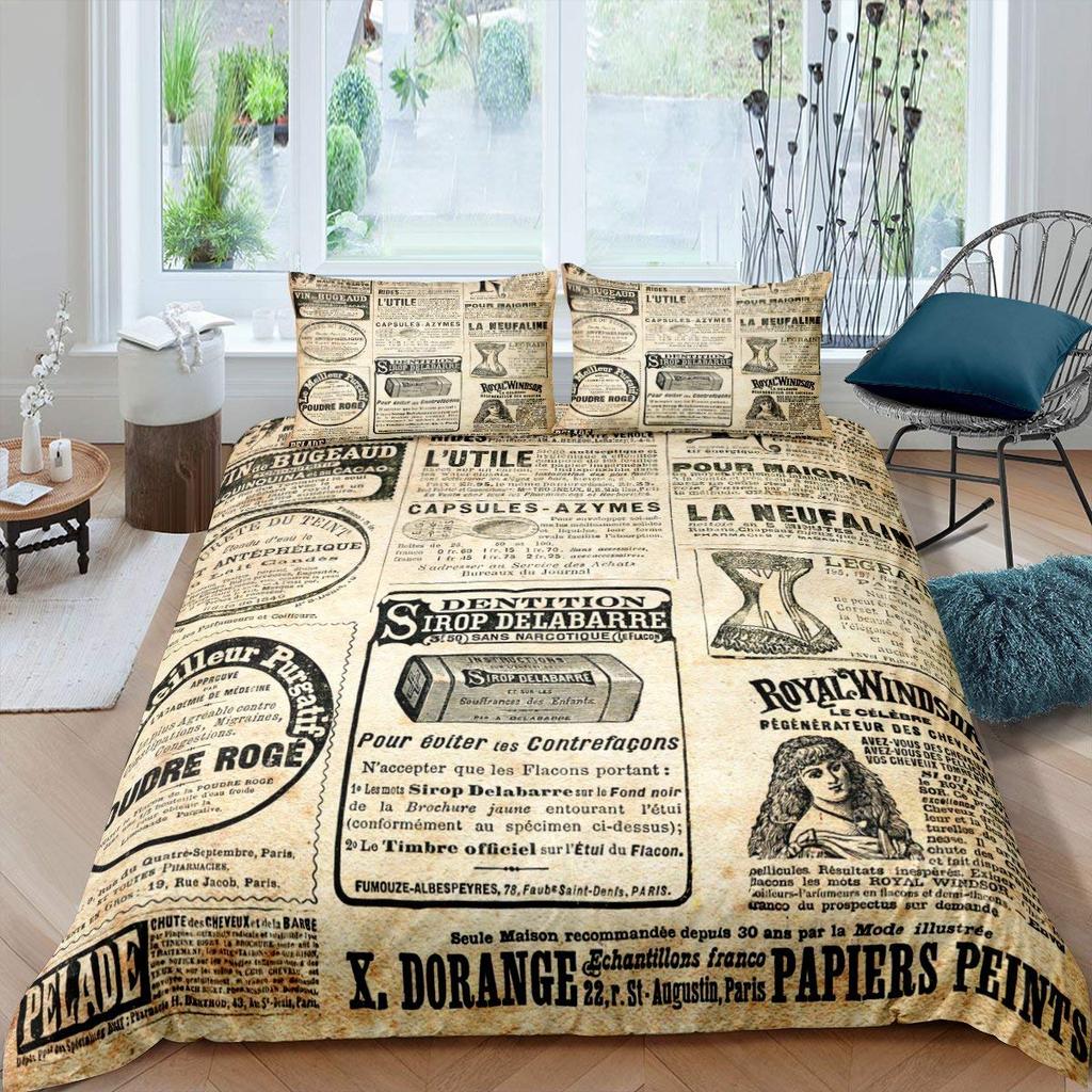 Old Newspaper Duvet Cover Set Vintage French Bedding Set Brown Quilt Cover For Kids Boys Girls Teens Polyester Comforter Cover