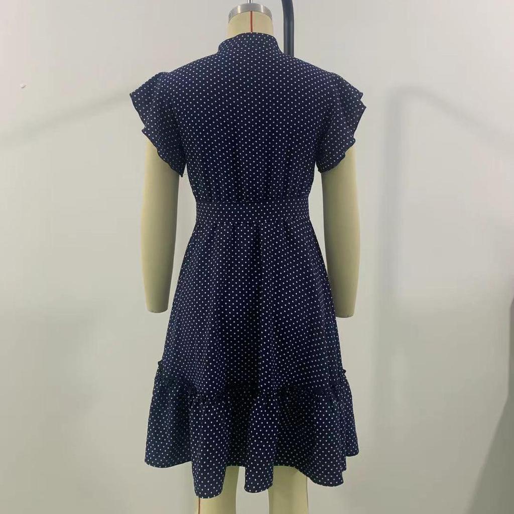 Spring Summer Women O-Neck Dot Print Lace Up Dresses High Waist A-Line Lotus Leaf Short Sleeve Middle Long Dress S-XL