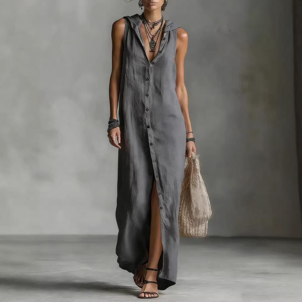 Women's Summer Cotton Linen Maxi Dress Hooded Collar Sleeveless Button Down Loose Casual Fashion Shirt Dress for Daily Vacation Wear
