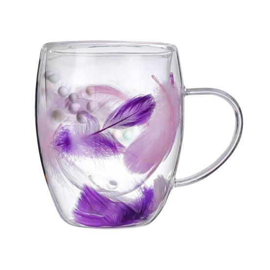 Двойная стеклянная кофейная кружка 250/350 мл с рисунком в виде перьев, с ручкой, с изоляцией, устойчивой к ожогам, с удобным захватом и контролем температуры