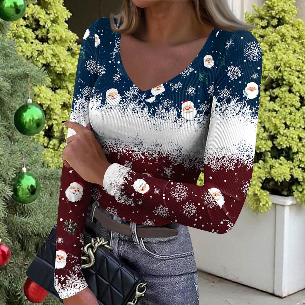 Women's Winter Slim-Fit Base Layer T-Shirt Fashionable Christmas Print V-Neck Pullover Long-Sleeved Top