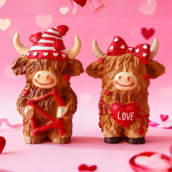 2 Pcs Valentine's Day Highland Cow Statue Cute Resin Highland Cow Figurine with Heart And Cupid Arrow for Tabletop Indoor Tiered Tray Shelf Decor