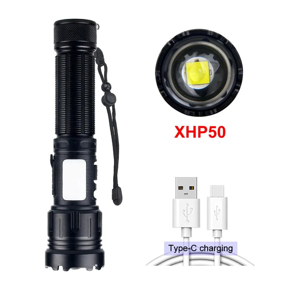 P50 Powerful Flashlight Zoomable Torch With Red Side Lamp Long Range Torch High Power Led Flashlights Rechargeable 7 Modes Lamp