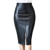 Женская юбка большого размера весна-осень черного цвета с высокой талией и узким разрезом из искусственной кожи, облегающая до середины бедра