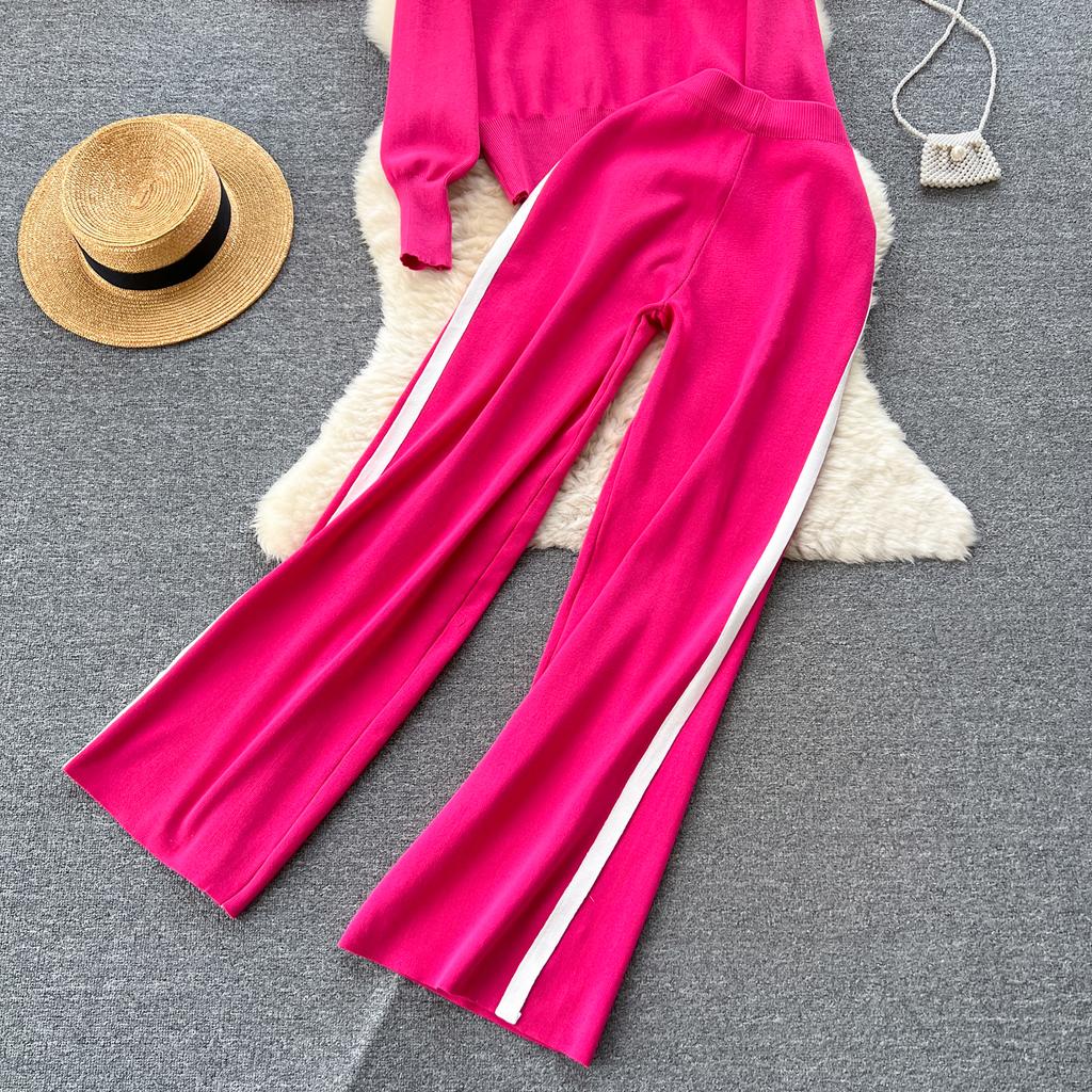 Высококачественный повседневный вязаный модный комплект знаменитостей для женщин, осенне-зимняя рубашка со свободными рукавами + драпированные брюки с высокой талией из двух предметов