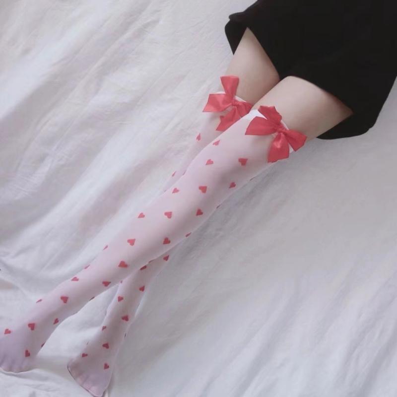 Sexy Women's Hosiery Thigh High Red Loving Heart Bow Stockings.Ladies Mesh Stay Up Stockings Lolita Style Bow Hold-ups Pantyhose