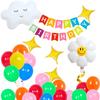 Smiley Daisy Balloons & Cloud Photo Backdrop - Baby Birthday Decor