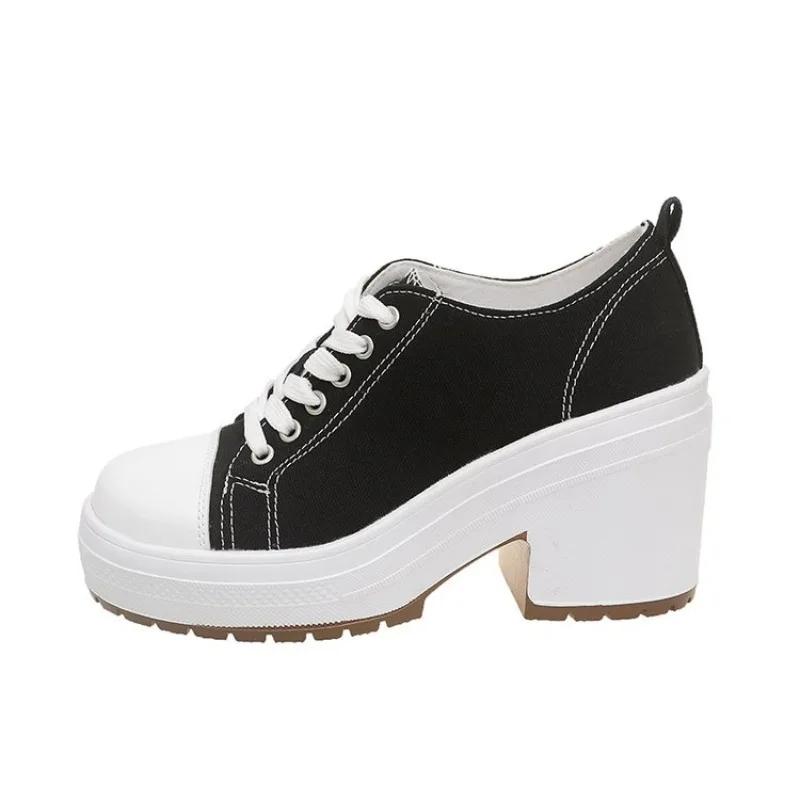 Fashion Canvas Shoes Women 2024 New Retro High Heels Thick Heels High Top Round Head Thin Belt Increase Thick Soled Woman Black Shoes