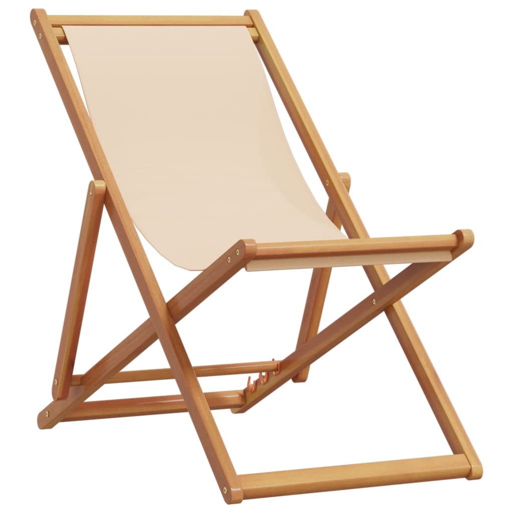 Folding Beach Chair Beige Solid Eucalyptus Wood and Fabric