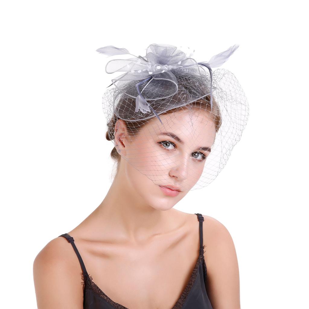 (Projector)Women Flower Mesh Ribbons Feathers Headband Cocktail Tea Party Hat Headwear