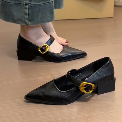 Версия из овчины~ ретро металлическая пряжка на одно слово толстый каблук маленькие одинарные туфли женские с мелким вырезом заостренный носок темпераментные универсальные туфли Мэри Джейн