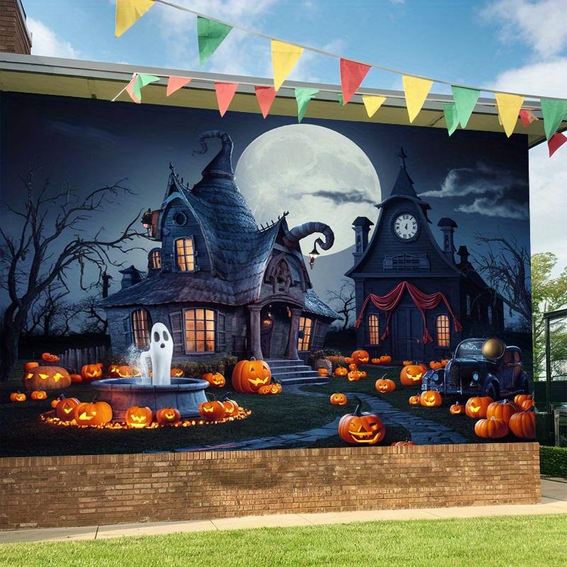 1pc Terrifying Halloween Polyester Banner - Wizard House Ghosts Pumpkins and Moonlit Cemetery Scenes