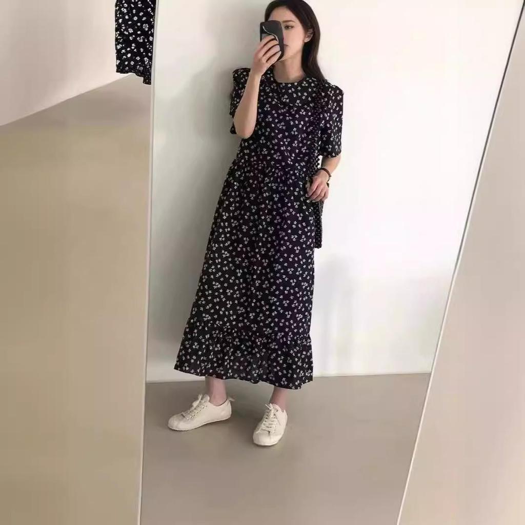 Women's Retro Floral Loose Slimming Black Crew Neck Short Sleeve Long Dress