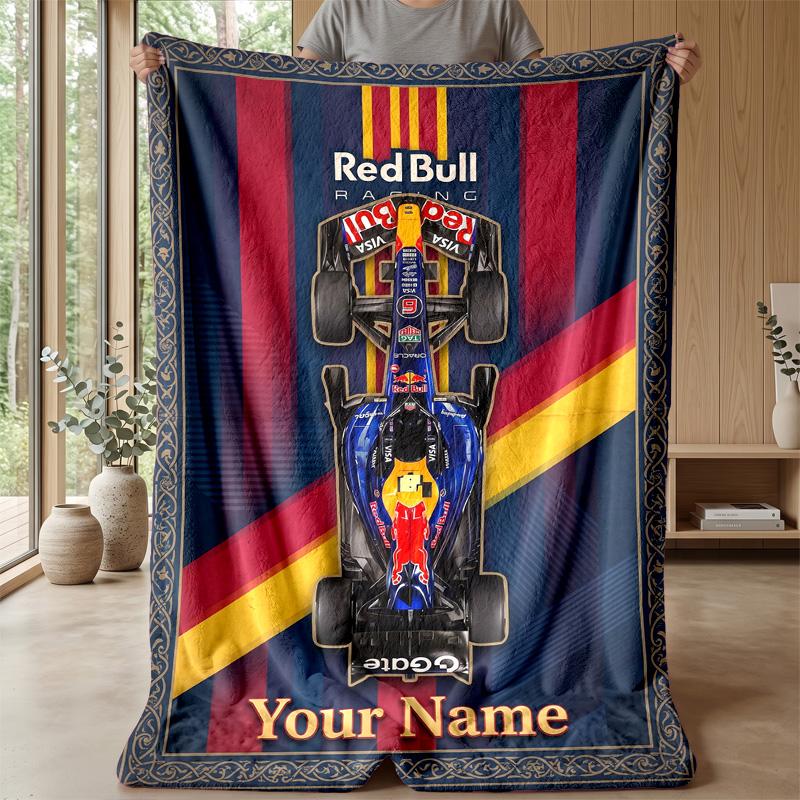 Red Bull Racing Custom Flannel Throw Blanket Print Your Name Text Soft Warm Blanket Holiday Present