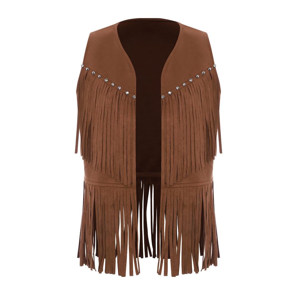 Детский ковбойский жилет унисекс, жилет с открытой передней частью, декоративные заклепки на груди, дизайн с кисточками, бахрома по подолу, костюм для западной вечеринки