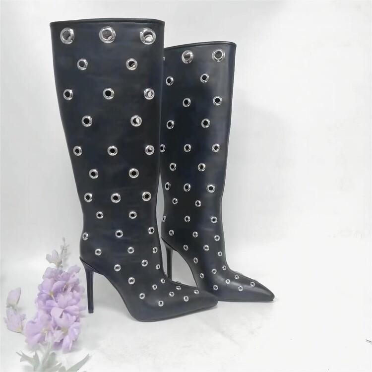 Fashion New Black Belt Buckle Tab High-heel Knee High Boots Autumn Winter Women Fashion Pole Dance Pointed Solid Color Long Boots 35-44