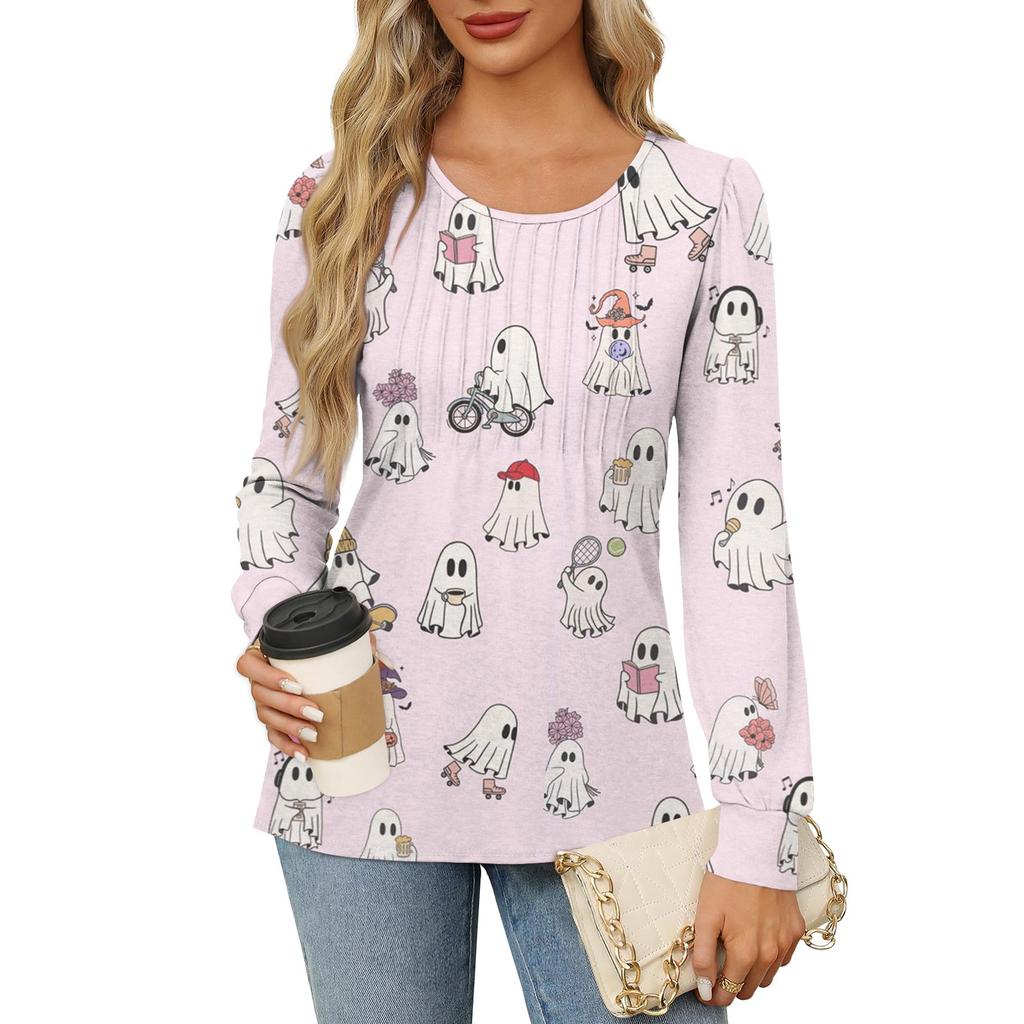 Long Sleeve Shirts For Women Cute Print Graphic Tees Blouses Dressy Casual Blouses Pleated Scooped Neck Tunic Tops Halloween