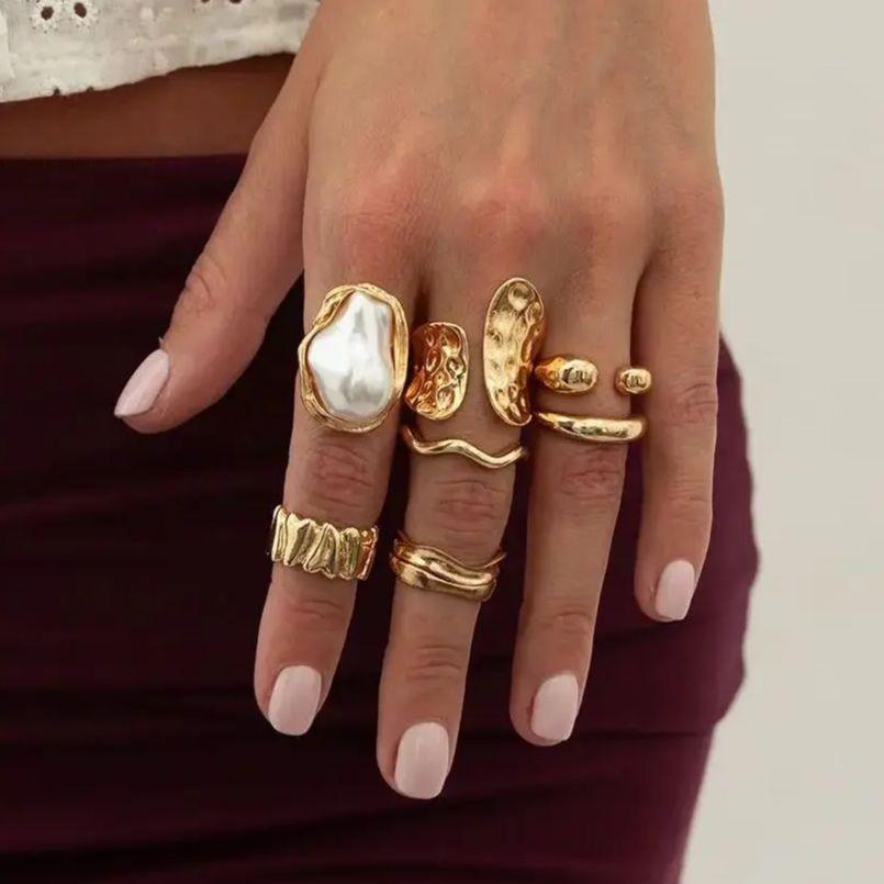 SHIXIN 7Pcs Baroque Imitation Pearl Chunky Open Rings Set for Women Smooth Irregular Wave Adjustable Rings Trendy Finger Jewelry