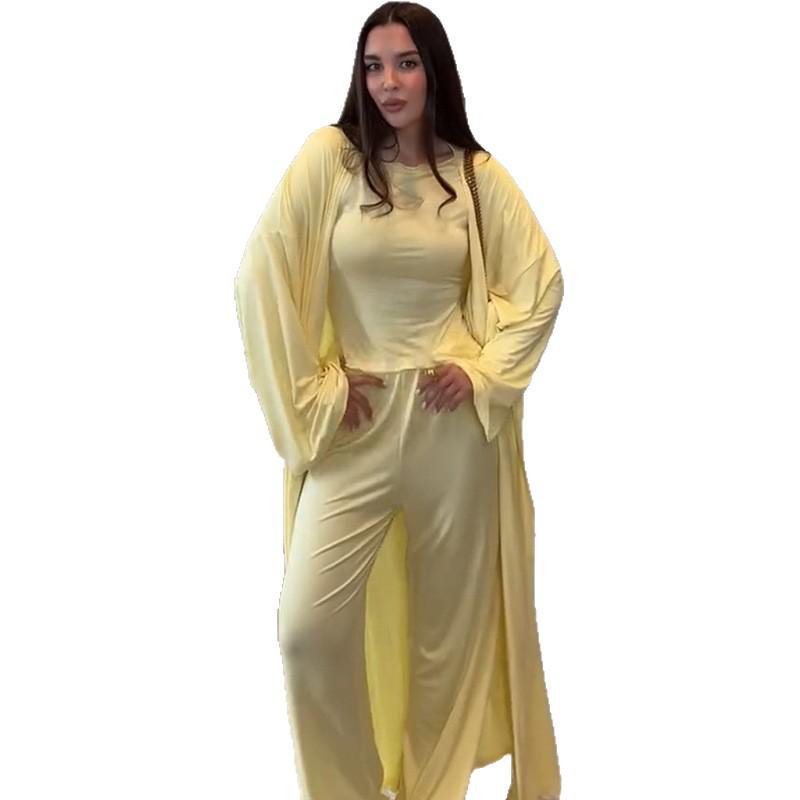 Летний женский повседневный комплект 2025 года для трансграничной торговли: Длинное пальто, футболка с длинным рукавом и брюки с высокой талией