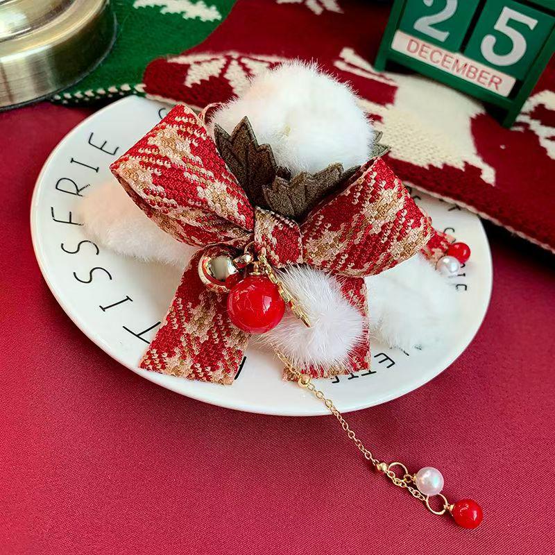 Festive Plush Bow Tassel Bell Claw Clip for Updo Hairstyles