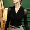 V-neck Mesh Tshirt Women's Latin Dance Off Shoulder Long Sleeve Top Training Dance Blouse Spring Autumn New Solid Color Blouse