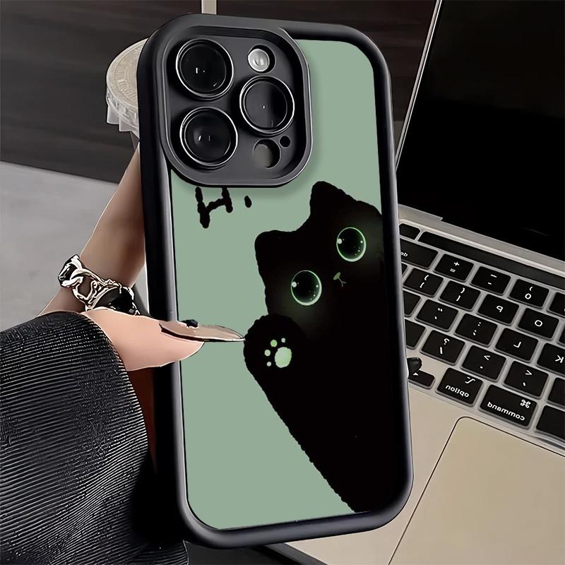 Чехол для телефона iPhone 17 Air 16E 15 16 Pro Max Черный Кот Мультяшный Милый Чехол 14 Plus 13 12 Mini Мягкий Силиконовый Fundas