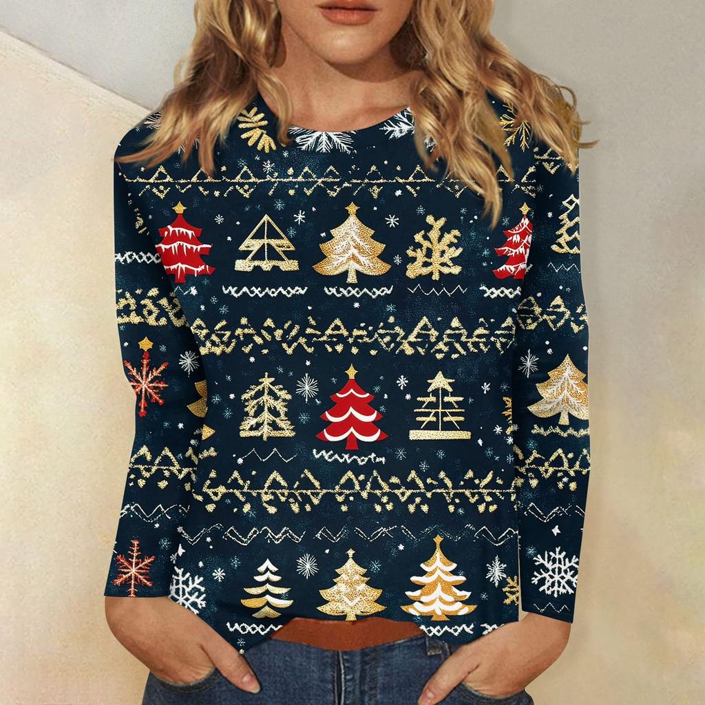 Женская мода повседневный рождественский принт круглый вырез длинный рукав пуловер топ
