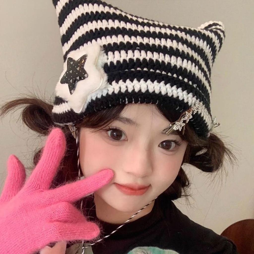 New women's autumn and winter warm cat ears knitted hat women's face small wool hat ear protection hat