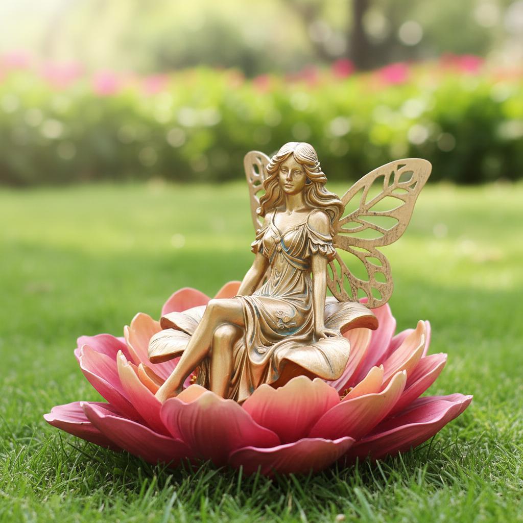 Resin Flower Fairy Statue Sitting On Flower For Spring Summer Outdoor Garden Decoration Yard Lawn Ornament