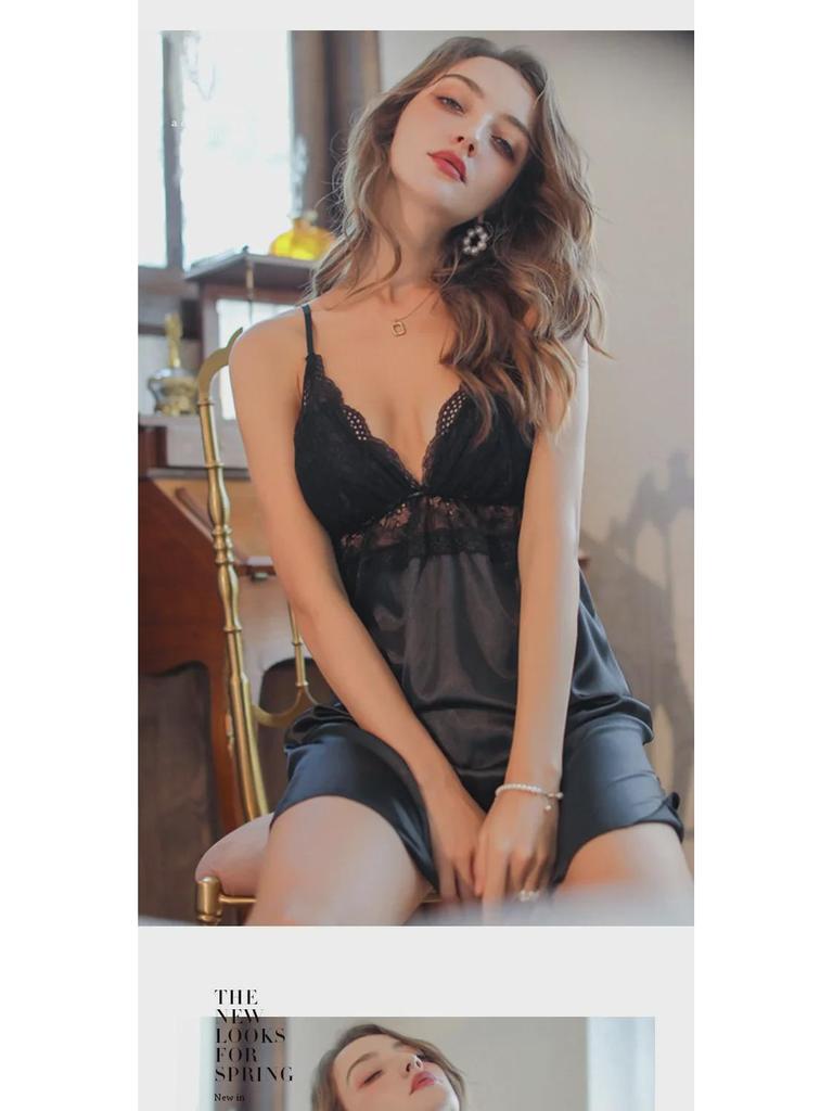 Комплект ночной рубашки с подвязками из японского кружева - Пижама из двух частей Ice Silk