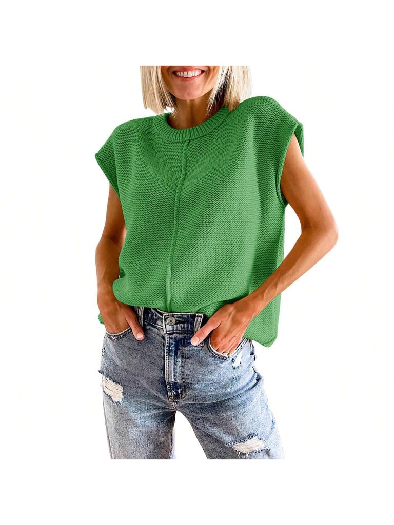 Women's Cap Sleeve Knit Pullover Crew Neck Lightweight Short Sleeve Summer Sweater