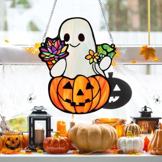 Хэллоуин Милый Призрак Ловец Солнца Витражный Стиль Акриловый Подвесной Декор для Окна Призрак Ловец Света для Украшения Окна Стены