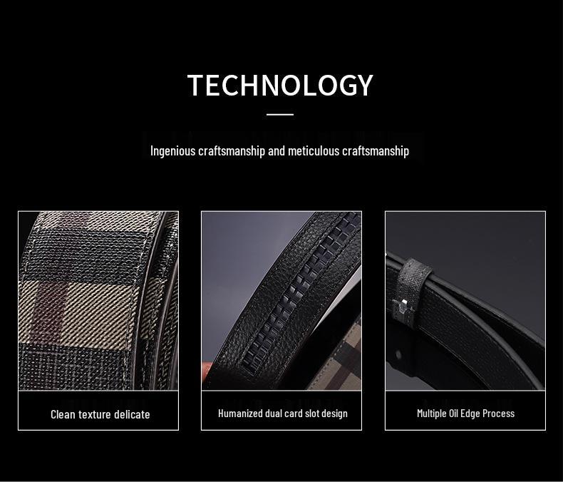 Men's Genuine Leather Belt - Cowhide Plaid with Automatic Buckle, Versatile Business & Fashion Style