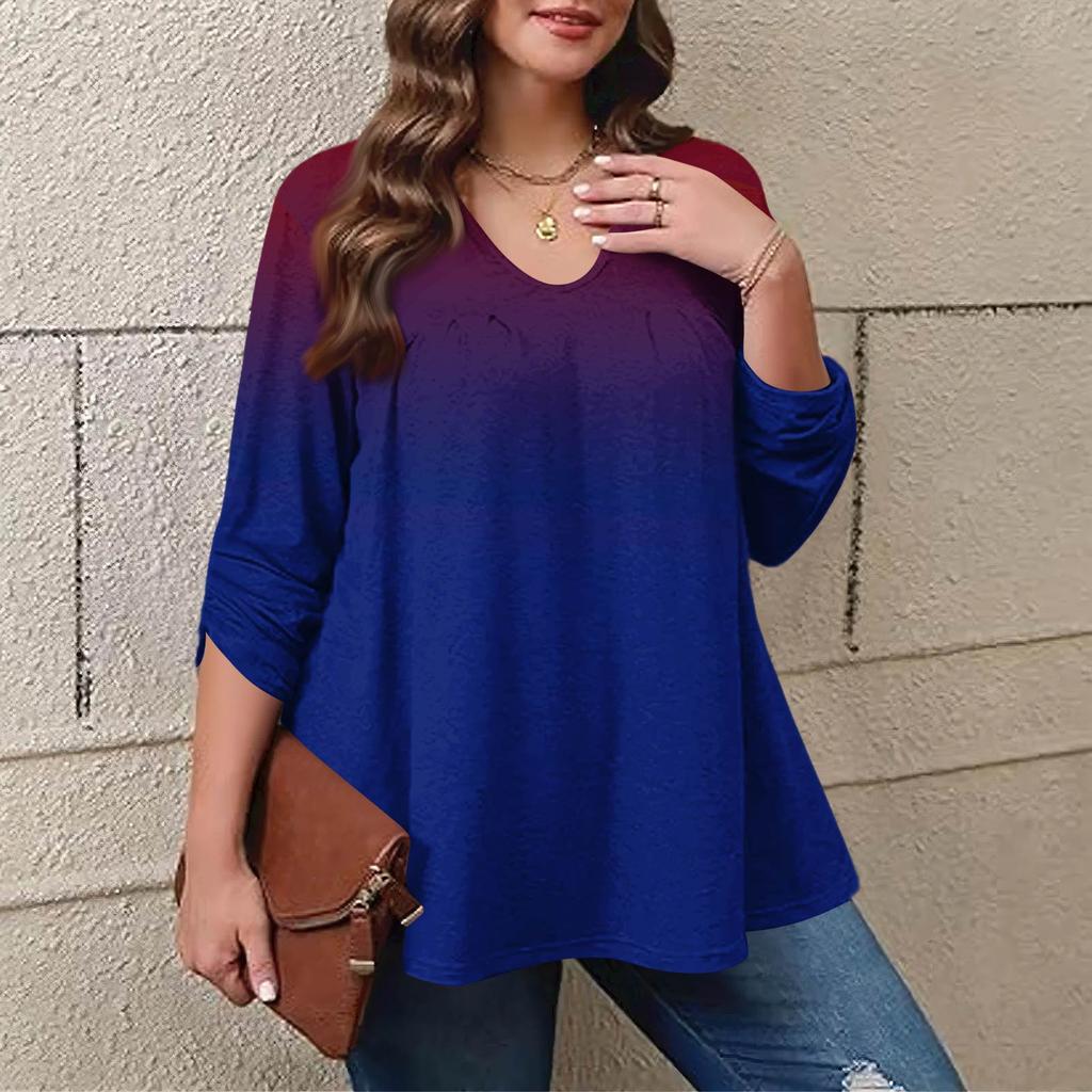 Women's Plus Size Fashion Printed Casual Pleated Round Neck Long Sleeve Top