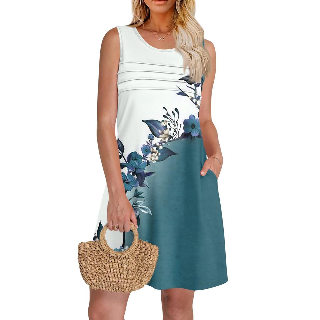 Женские летние платья с круглым вырезом, плиссировкой спереди, без рукавов, карманами, сарафаном, повседневным платьем