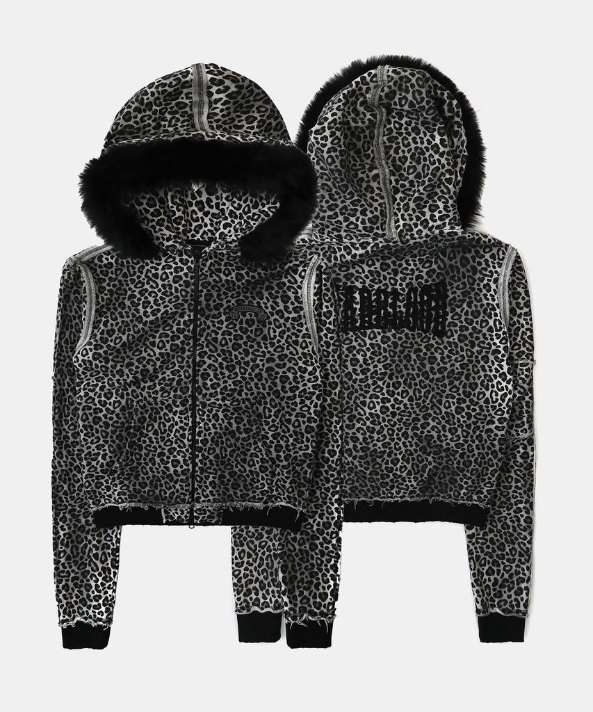 Badblood Raw Edge Detachable Fur Hooded Zip-Up Slim Fit - White Leopard
