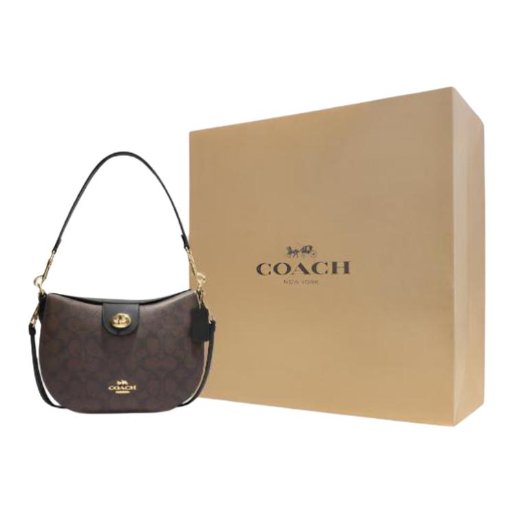 New COACH HoboElla Canvas With Leather Shoulder Bag Crossbody Bag Handbag Large Size Women's Dark Brown CH554-IMAA8