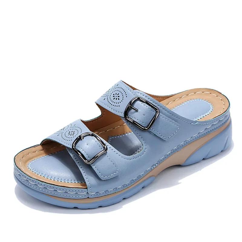 2025Women Closed Toe Summer Shoes New Comfort Double Buckle Wedge Ladies Sandals Plus Size Platform Casual Slippers Women